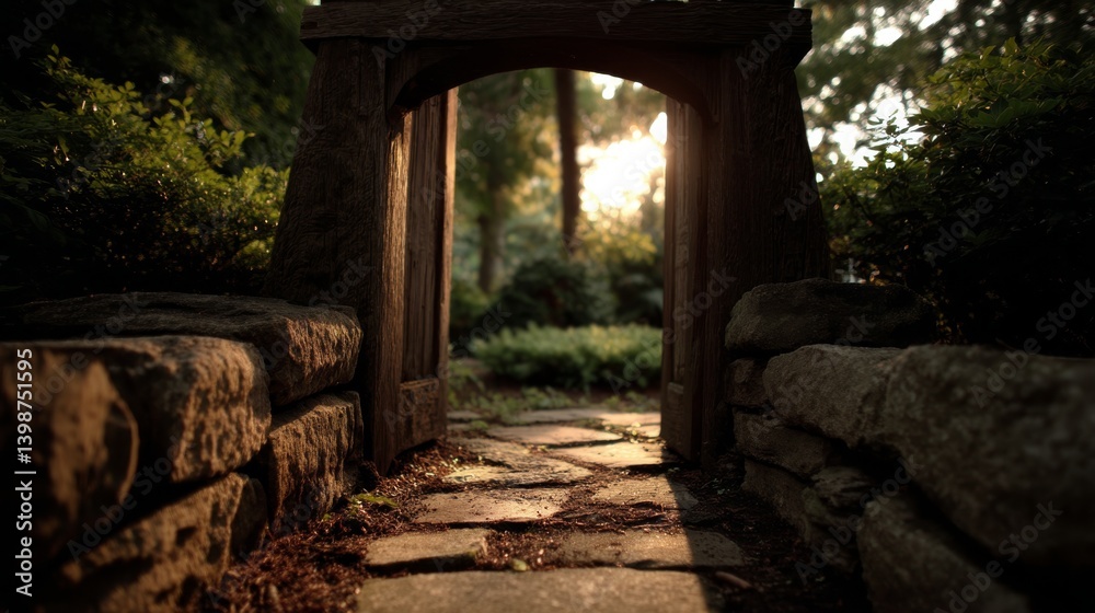 A charming passage through a flower garden with a worn wooden arch supporting a half-open door. Mysterious path under the afternoon light. A charming passage through a flower garden with a worn wooden arch supporting a half-open door. Mysterious path under the afternoon light.