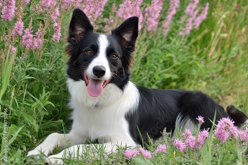 A Border Collie in a field of lilac flowers, captured in a charming portrait of nature and pets