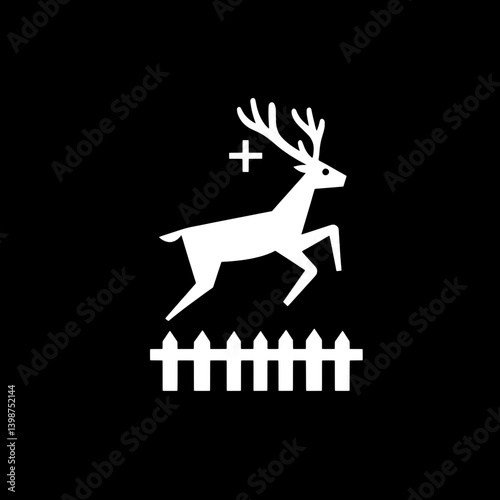 Minimalist logo featuring a deer leaping over a fence in a black background design