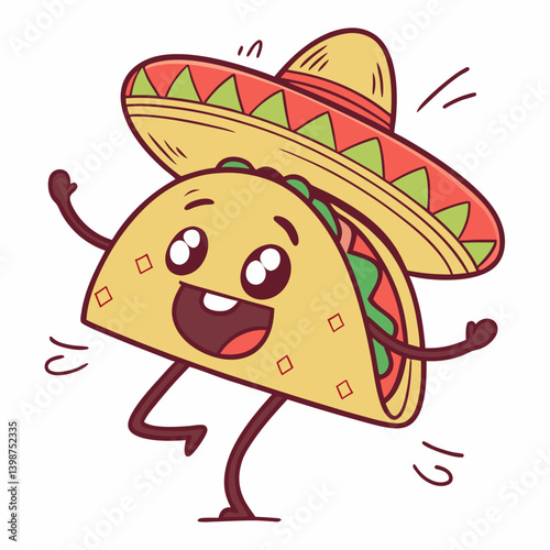 Cartoon taco emoji with dancing eyes and sombrero