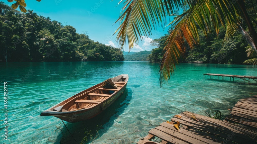 Obraz premium Tropical Lagoon Boat Serenity Wooden Rowboat in Calm Waters of excellence in splendor beyond compare