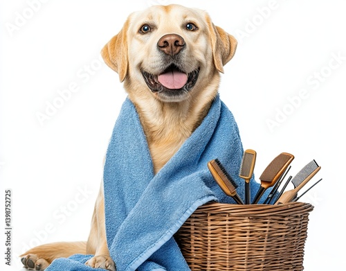 A sweet Labrador Retriever dog all set for grooming, placed on a pristine white background