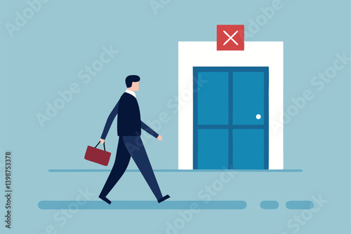 businessman walking, closed elevator doors, red error symbol, minimalist illustration, flat design, blue background, corporate setting, missed opportunity, frustration concept, simple shapes, 