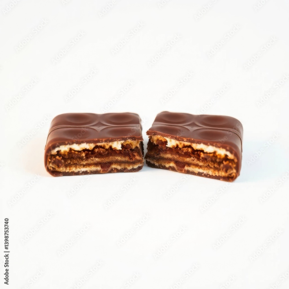 Chocolate-covered wafer bar cut in half showcasing layers of wafer and cream on a white background. Chocolate-covered wafer bar cut in half showcasing layers of wafer and cream on a white background.