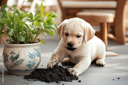 A curious Chocolate Labrador puppy stands by a knocked-over houseplant, creating a chaotic yet adorable moment indoors