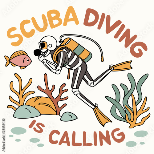 Scuba Diving Is Calling Cartoon Diver Illustration With Fish And Seaweed