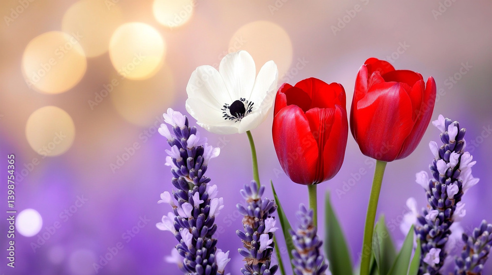 Vibrant Close-Up of Colorful Wildflowers Including Daisies, Tulips, and Lavender in a Natural Setting With Soft Background Bokeh
