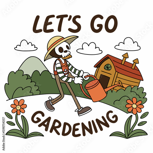 Funny Skeleton Gardener With Watering Can And Garden Shed Illustration
