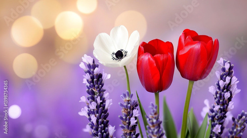 Obraz na płótnie Vibrant Close-Up of Colorful Wildflowers Including Daisies, Tulips, and Lavender in a Natural Setting With Soft Background Bokeh w salonie