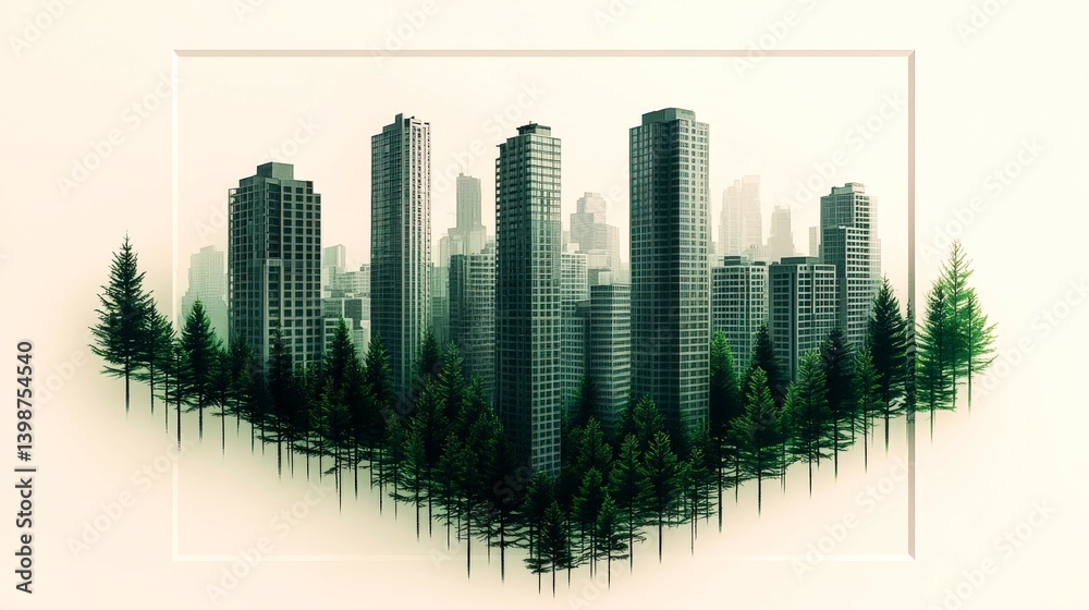 Urban skyline merges with green pine forest in a creative graphic design Urban skyline merges with green pine forest in a creative graphic design