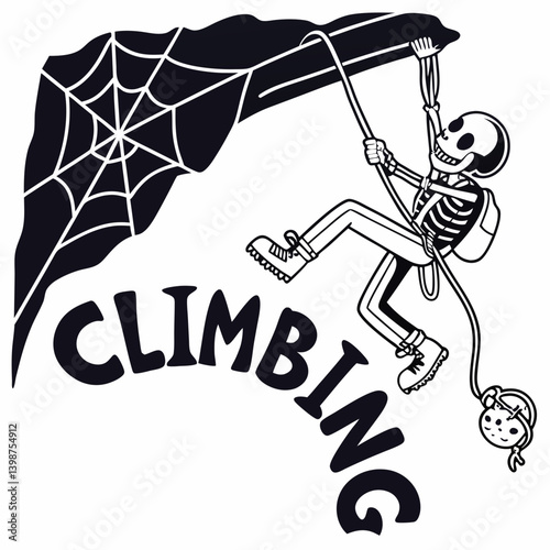 Humorous Skeleton Rock Climbing Adventure With Spiderweb And Child Doodle Style