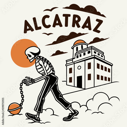Alcatraz Illustration Depicting Prisoner Skeleton With Ball And Chain Near The Island Prison