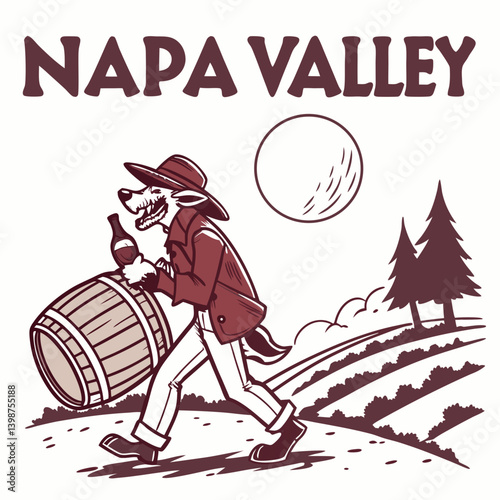 Napa Valley Vintage Style Illustration Of A Werewolf With Wine And Vineyard