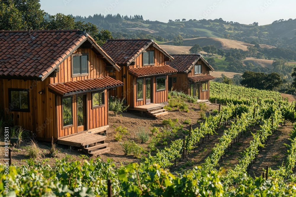 Three rustic wooden cabins nestled amongst vineyards on a hillside, bathed in the golden sunlight of a scenic vineyard. Three rustic wooden cabins nestled amongst vineyards on a hillside, bathed in the golden sunlight of a scenic vineyard.