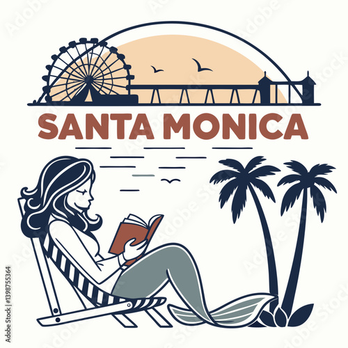 Santa Monica Mermaid Reading By The Pier Ferris Wheel Under Palm Trees