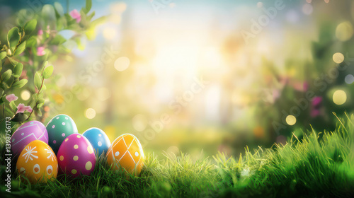 Sunny Easter Egg Hunt. Bright illustration of colorful Easter eggs hidden in lush green grass with a bokeh background.