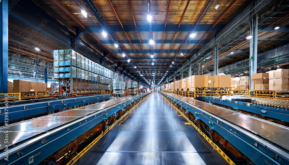 panoramic view of a bustling warehouse with conveyor belts transporting goods efficiently panoramic view of a bustling warehouse with conveyor belts transporting goods efficiently