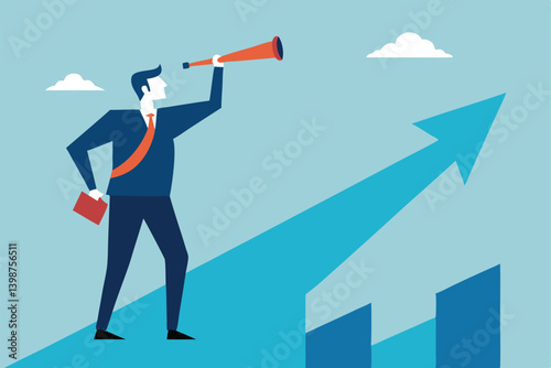 Business leader, telescope, vision, upward arrow, growth chart, blue suit, red tie, strategic planning, future outlook, sky background, textured illustration, corporate success, leadership concept, 