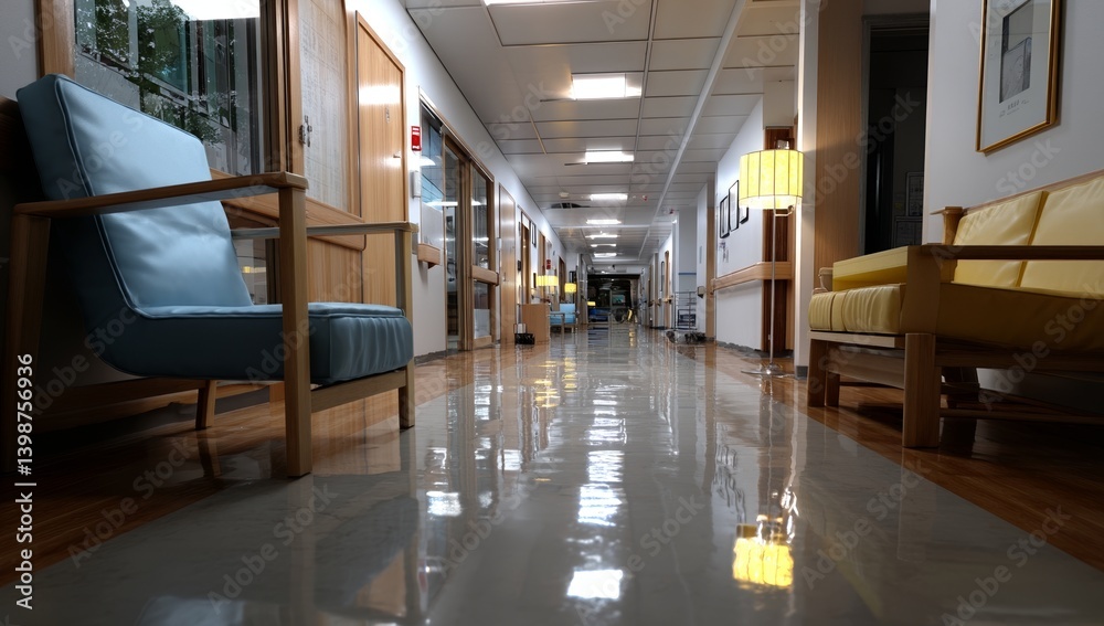 D rendering of a long hospital corridor that is bright and features rooms and seats D rendering of a long hospital corridor that is bright and features rooms and seats