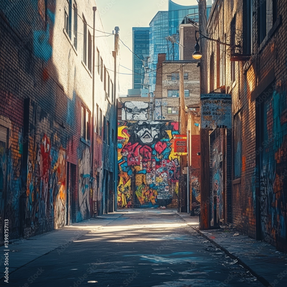 Fototapeta premium a narrow urban alley transformed by vibrant modern street art and minimalistic architectural details isolated on a plain background a gritty alley with bold creative murals and clean urban textures