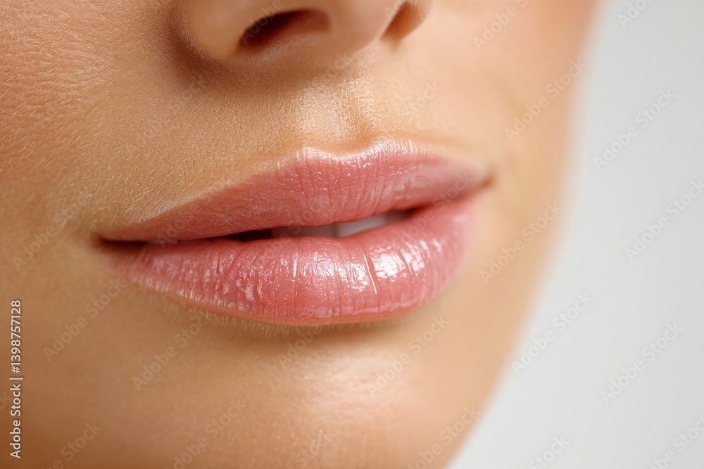 Obraz premium A flawless, natural lip makeup look is captured in a close-up macro photograph of a beautiful woman's mouth, showcasing her full, plump lips and perfect, clean skin with a light, fresh application of