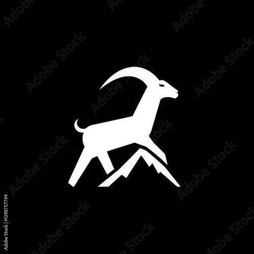 Logo design featuring a minimalist goat silhouette standing on mountains with a black background