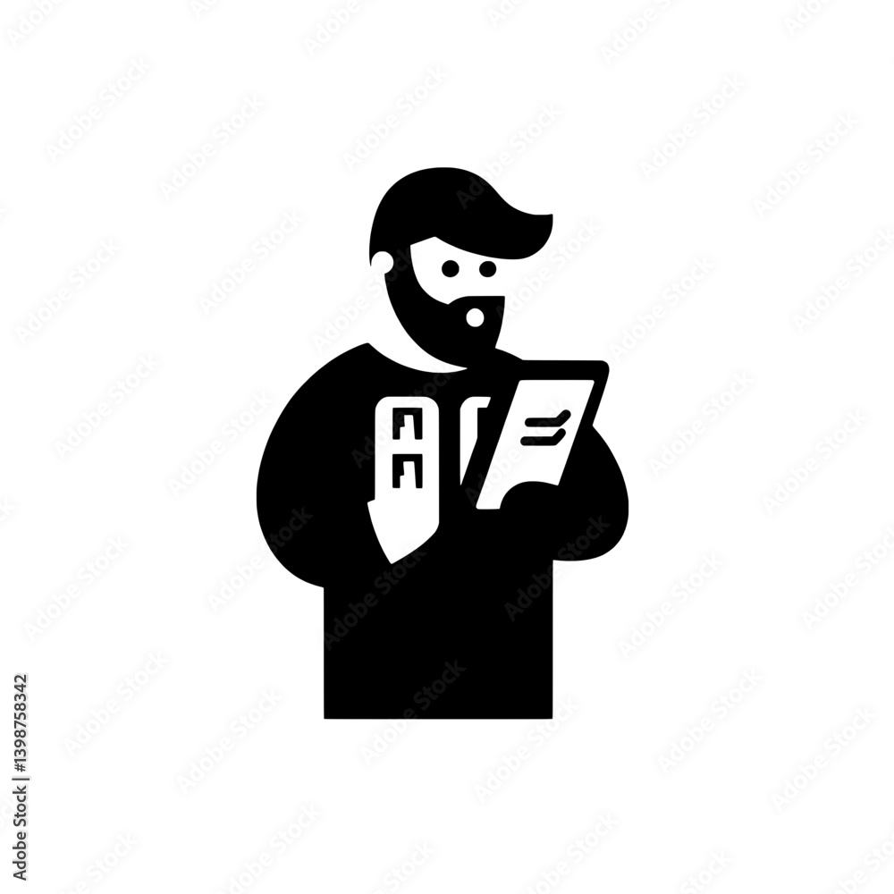 Minimalist logo featuring a man holding a tablet while examining a document representing modern technology and design trends Minimalist logo featuring a man holding a tablet while examining a document representing modern technology and design trends