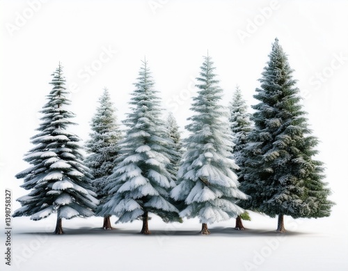 snowy fir trees realistically rendered in 3d standing against white background photo