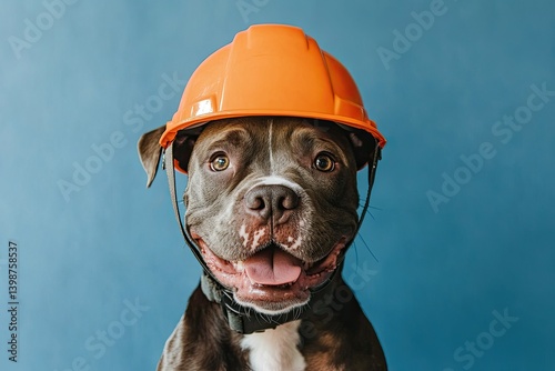 A cute dog donning a hard hat, showcasing safety and construction vibes, placed on a colorful backdrop. Great for DIY projects