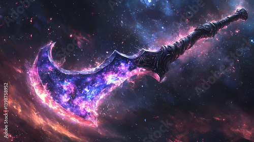 Powerful magical axe wielding destructive celestial energy bursts. Pulsar Blade. Illustration
