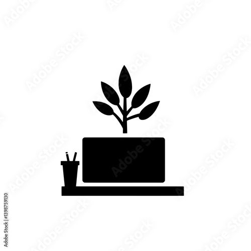 Minimalistic icon representing a workspace with a plant and stationery elements for modern design enthusiasts