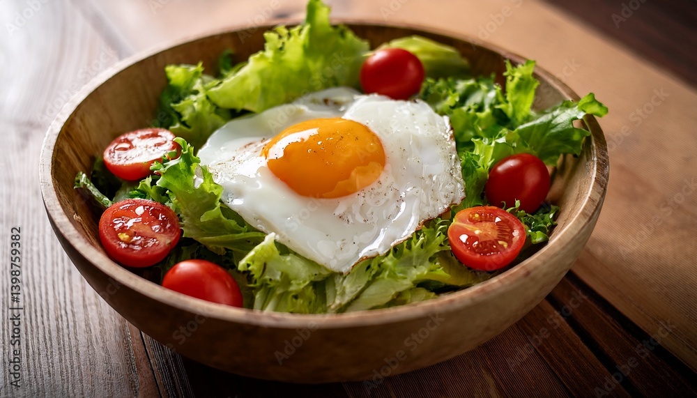 fried egg with runny yolk laying on fresh salad with cherry tomatoes in wooden bowl fried egg with runny yolk laying on fresh salad with cherry tomatoes in wooden bowl