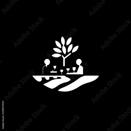 Modern minimalistic logo design featuring a tree and people dining quietly in a serene environment