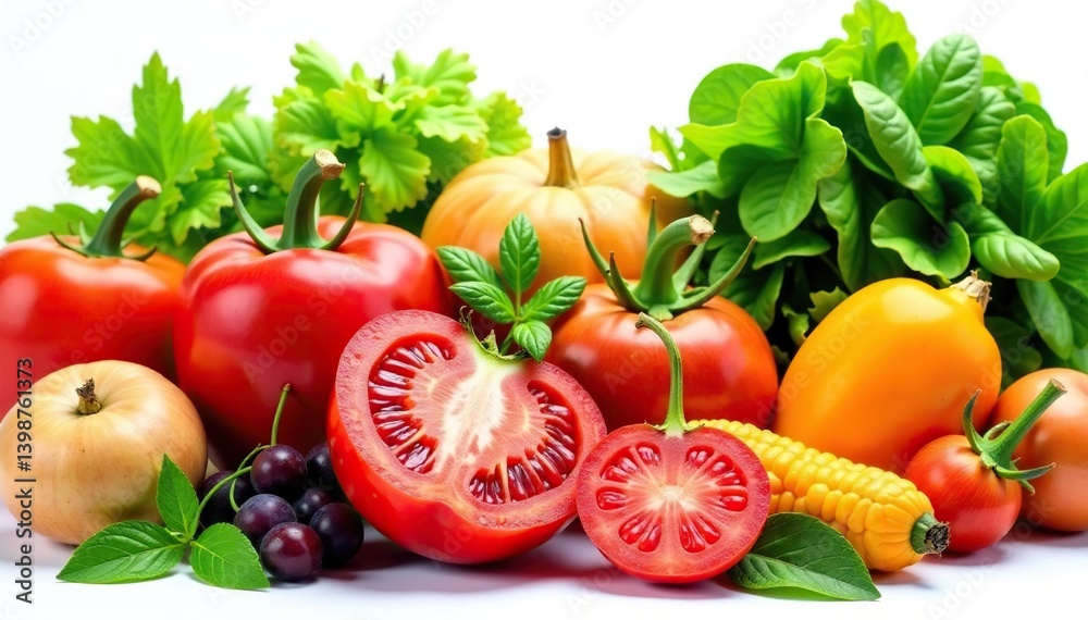 Assortment of organic fruits & vegetables isolated on white, sustainable, food photography Assortment of organic fruits & vegetables isolated on white, sustainable, food photography