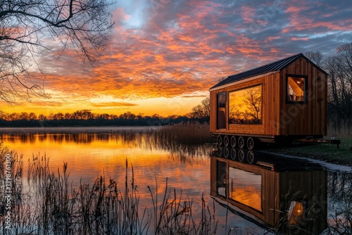 Fototapeta Naklejka Na Ścianę i Meble -  Wooden tiny house by the lake at sunset, reflecting the fiery sky.