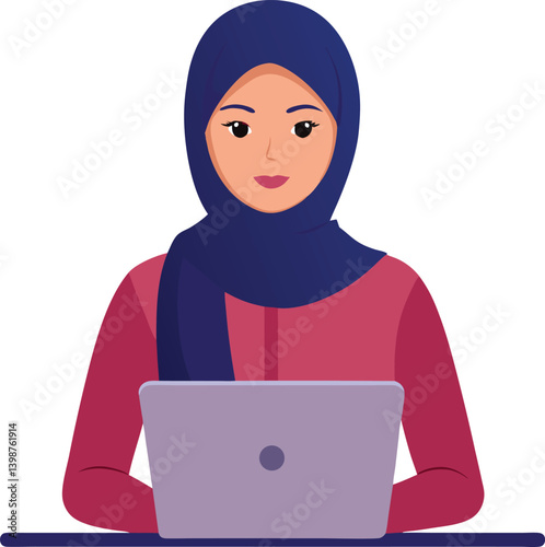 Hijabi Muslim woman working on laptop, wearing modern hijab outfit