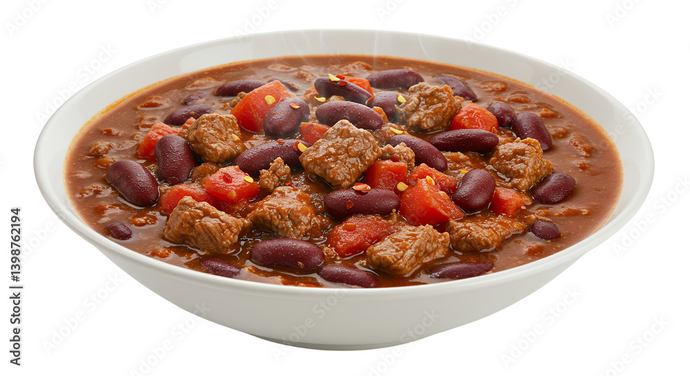Hearty bean chili in a bowl with colorful vegetables and meat for comfort food Hearty bean chili in a bowl with colorful vegetables and meat for comfort food