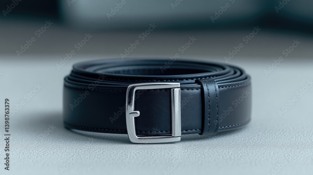 Rolled-up dark navy leather belt with metal buckle Rolled-up dark navy leather belt with metal buckle