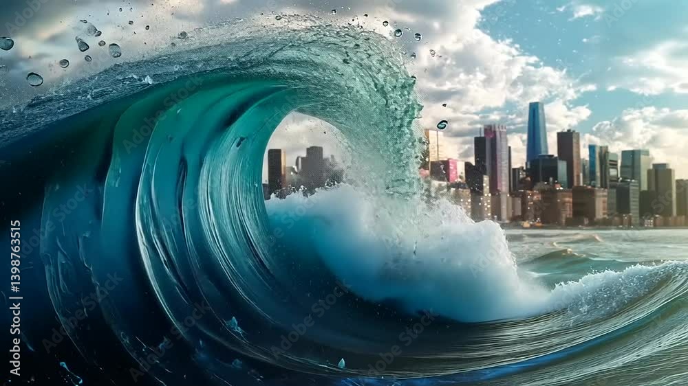 Majestic ocean wave crashing against a city skyline under a dramatic sky with clouds Majestic ocean wave crashing against a city skyline under a dramatic sky with clouds