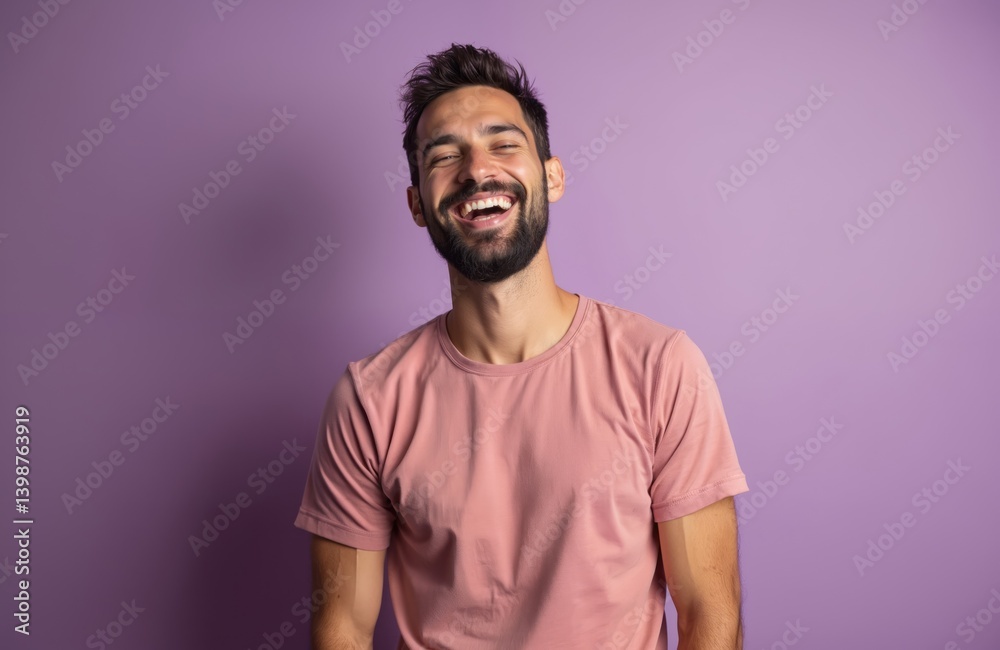 Naklejka premium Young man laughs. Happy smiling face, positive emotions, good mood on purple background. Joyful person, feeling happiness, fun, laughter, positive lifestyle. Caucasian male portrait. Studio shot.