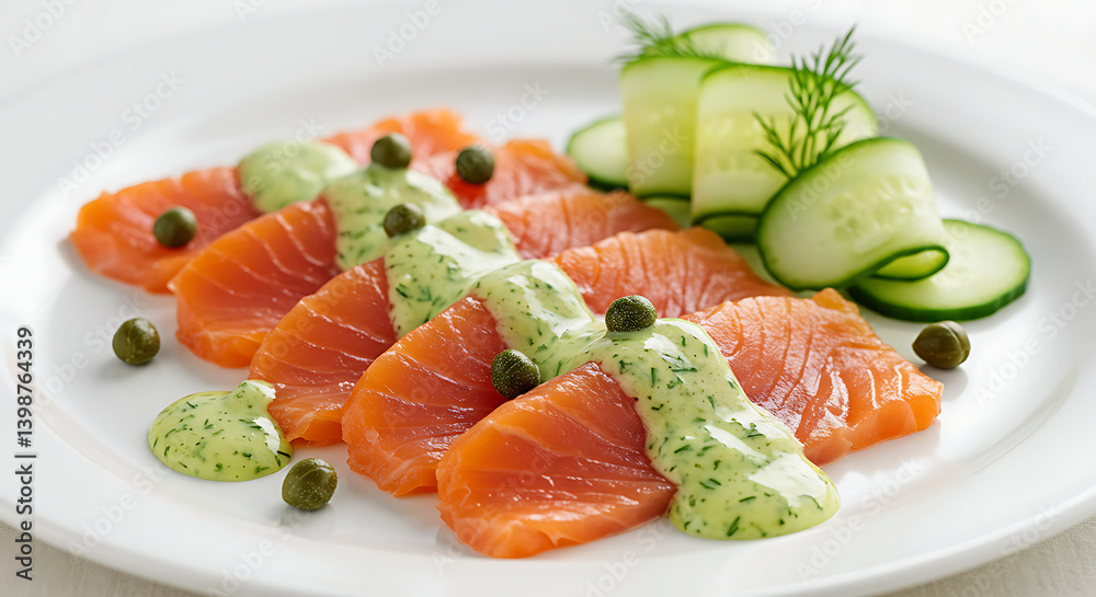 A delicious plate with layers of sliced salmon topped with a creamy herb sauce and garnished with capers, alongside rolled cucumber slices. A delicious plate with layers of sliced salmon topped with a creamy herb sauce and garnished with capers, alongside rolled cucumber slices.