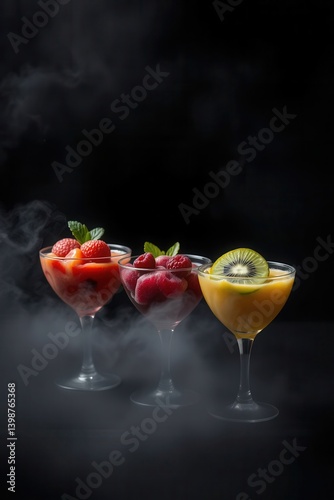 Frozen fruit drinks: three glasses filled with summer fruit in a haze of frosty vapor. Fruity Refreshment