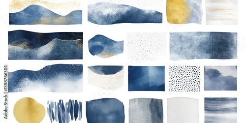 Abstract blue and gold watercolor textured rectangles and circles