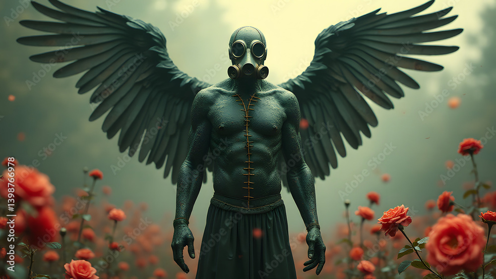 Fototapeta premium A plague angel's glass body holds black cure, steel wings among withered roses. 8K apocalyptic medical surrealism.