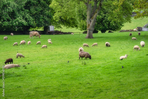Obraz na płótnie A beautiful and picturesque landscape showcasing a flock of fluffy sheep grazing peacefully in a vibrant green meadow, all beneath the protective shade of leafy trees, Tipperary, Ireland w salonie