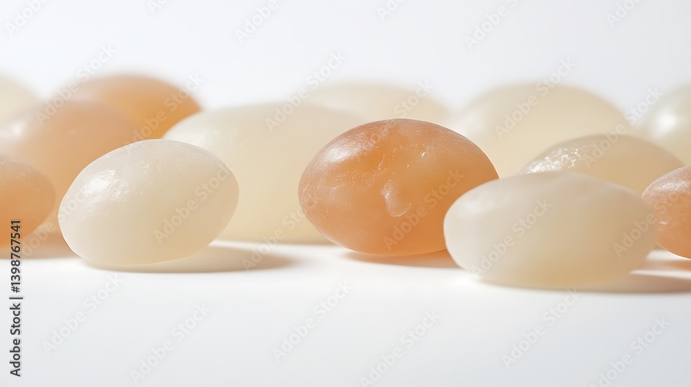 Close-up of assorted light beige and peach-colored oval candies. Close-up of assorted light beige and peach-colored oval candies.