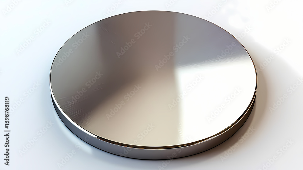 Shiny circular metal plate: polished round steel surface on white background. Titan Alloy. Illustration