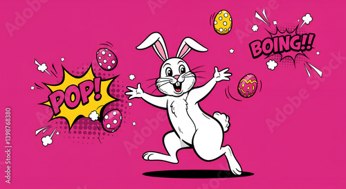happy Easter bunny joyfully juggles colorful eggs, bunny play egg easter eggs 