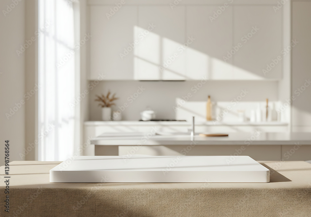 White kitchen product display mockup platform counter for advertising White kitchen product display mockup platform counter for advertising