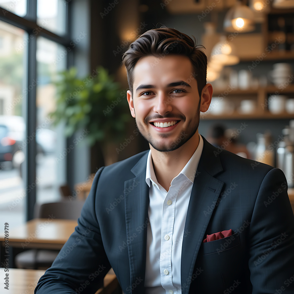 Fototapeta premium businessman in a coffee shop wearing a suit smiling